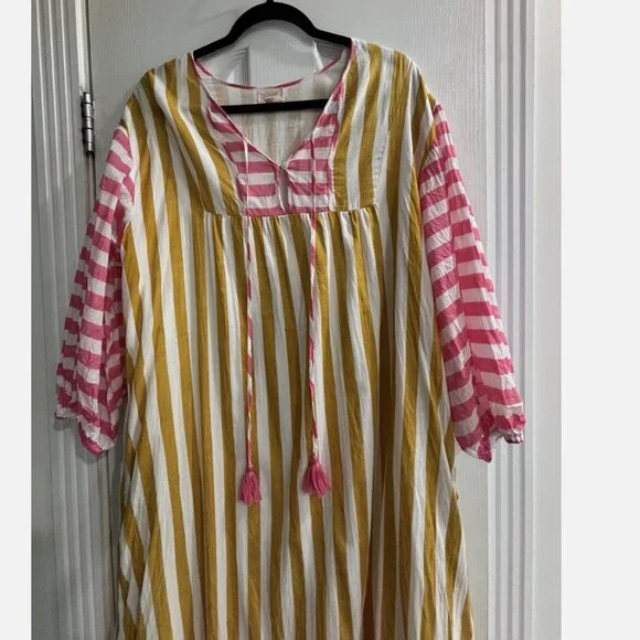SUNSHINE TIENDA MUSTARD & PINK STRIPED COPA W/ POCKETS DRESS M/L *SMALL FLAW - Picture 3 of 14